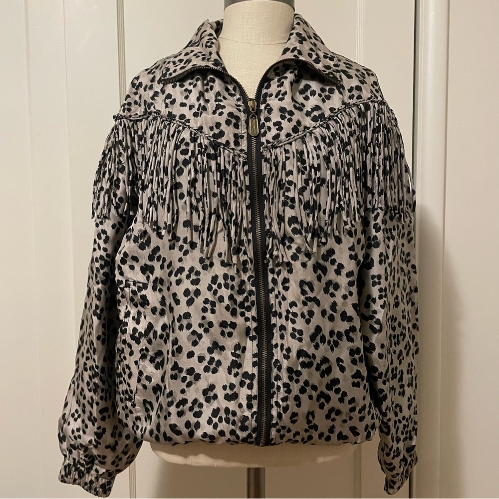 ICONIC 80s urban cowgirl — Fuda International silk leopard fringe bomber jacket